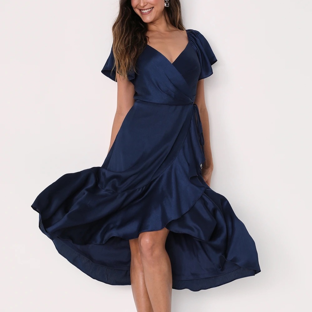 Navy Blue Midi Wrap Dress- Lulus Serene Sight Navy Blue Midi Wrap Dress